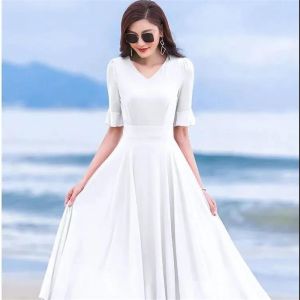 White Midi Skirt Dance Dress Women Summer Chiffon Holiday Beach Large Size Sand Long Dress Korean Style V-neck A-line Skirt