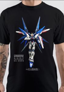 Gundam SEED Freedom White Blue Red Mecha T-Shirt with Wings of Light ZAFT Mobile Suit Kira Yamato Pilot Graphic Black Tee
