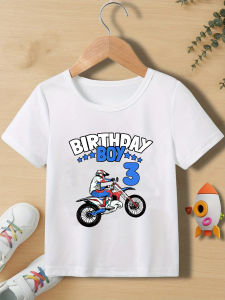 Cool and cartoon-style T-shirt with off-road motorcycle and birthday number print casual cotton short-sleeved shirt for summer