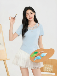 SANFU | Unique Metal Logo Lace Two-Piece Look Short Sleeve Top