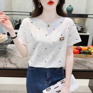 Summer Womens Loose Cotton T-Shirt Short Sleeve Half Sleeve Printed round Neck Basic Fit Korean Style Creative Geometric Pattern