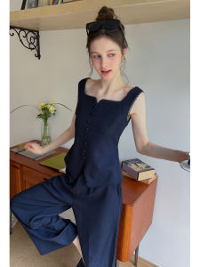 Áo Vest Cổ Vuông Xếp Ly Eo + Quần Ống Rộng Co Giãn EGGKA Bộ Hai Mảnh Cho Nữ Mùa Hè Thanh Lịch Thon Gọn