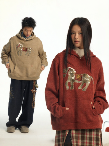 JNXS | Áo Hoodie Cặp Đôi Dáng Rộng Thêu Pony Fleece Mỏng