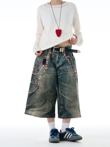 MADWITCH American Style Loose Casual Denim Jeans Men Women Seven Feet Long Shorts Straight Leg Vintage Printed Design