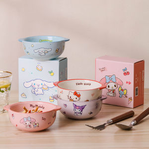 Sanrio 350ml Kuromi Porcelain Double-handled Bowl Student Cute Cartoon Cereal Fruit Round Bowl kids Special Tablewares For Home