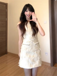 French Misses Style Summer New Heavy Work Waist Cinching Sleeveless A-Line Dress Womens Fashion High Waist Floral Print Short Skirt