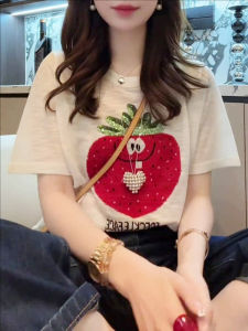 Shalldoer | Strawberry Print Sequin Short Sleeve T-Shirt Womens Summer Thin Breathable Versatile Cover Up Top Korean Style Loose Fit