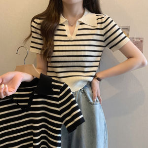 Chubby Girl Plus Size Shoulder Polo Collar Stripes Knitwear Womens Summer New Arrival Silm Slim Looking Short Sleeve Sweet Cool Tops Fashion