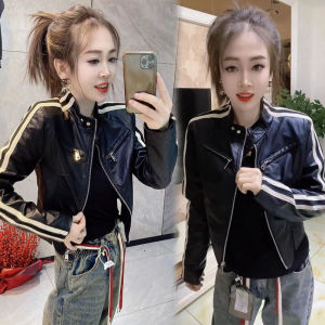 Mùa Xuân Mùa Thu Pu Áo Khoác Da Phụ Nữ Thon Gọn Cổ Đứng Áo Khoác Ngoài Ngắn Thời Trang Phong Cách Xe Máy Đi Lại Đã Giặt Được Da