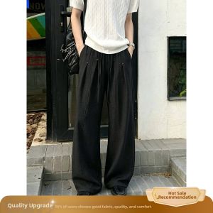 OUMULONG | Black Breathable Linen Pants Mens Loose Fit Trousers