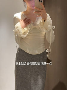 Pure Desire White V-Neck Knot Lace Splice Womens T-Shirt Slimming Base Shirt Spring Autumn Korean Style Long Sleeve Top