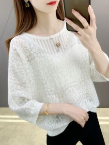 Spring 2025 Womens Loose Knitted Open Cardigan Hollow out Thin Sweater Versatile Top Layer Commute Style Long Sleeve Crew Neck