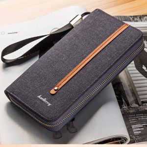Large Canvas Wallet for Men with Zipper Fashionable Handheld Phone Bag Multi-Card Slot High Capacity Youth Style Vertical Shape