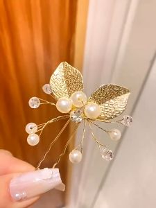 Tooyoo U-shaped Hairpin Leaf Pearl Embellishment Bridal Headwear Wedding Jewelry