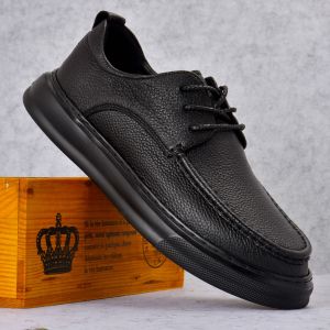 Mens Casual Leather Shoes Spring New Style Thick Bottom Business Leisure Bean Shoes round Toe Rubber Sole Comfortable Shoes