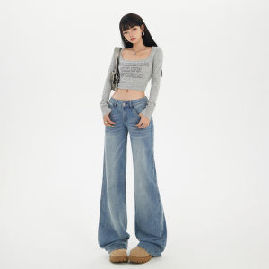 กางเกงยีนส์ทรงตรงเอวต่ำสีฟ้าอ่อนสำหรับผู้หญิง ฤดูใบไม้ร่วง/ฤดูหนาว 2025 กางเกงขายาวทรงหลวม ทรงกระบอก ทรงเข้ารูป ทรงขากระบอกเล็ก