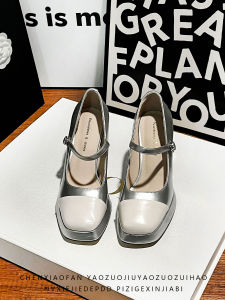 Mary Jane High Heels Womens Spring New Style Silver Color Block Thick Heel Slimming Split Color Single Shoes Fashionable Increase Height