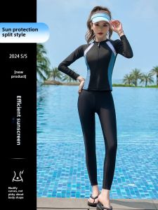 Womens Conservative Two-Piece Swimming Suit Long Sleeve Thermal Hot Spring Surfing Suit with Chest Pad No Steel Support
