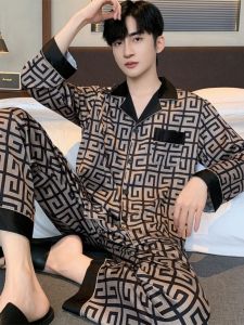ชุดนอนผู้ชายผ้าไหมน้ำแข็งแขนยาว กางเกงขายาว ชุดอยู่บ้านฤดูร้อน ฤดูใบไม้ร่วง ชุดนอนผ้าไหมน้ำแข็ง ผ้าไหมน้ำแข็ง ผ้าไหม แขนยาว กางเกงขายาว