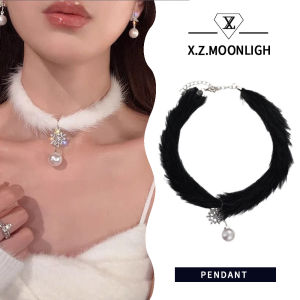 X.Z.MOONLIGH Snowflake Pearl Choker Necklace Winter Cute Sweet Feather Plush Necklace Christmas Party Choker Necklace Jewelry Gift