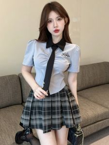 GUZILIAN | Summer New Cool Spicy College Style JK Uniform Two-Piece Set Sweet Pure American Short Skirt Sweet Spicy Clothing Short Sleeve Polo Neck