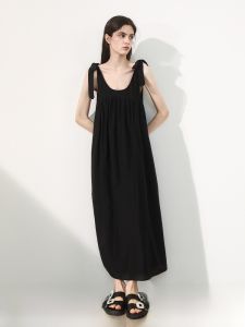 Miccbeirn | Silk Cotton French Strap Dress Sweet Butterfly Knot Vacation Style Long Dress Elegant U-neck Sleeveless Vest Dress