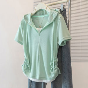 Pink Hooded Short Sleeve T-Shirt Womens plus Size Summer Big Code Slim Waist Irregular Top Korean Style Straight Cut Commute