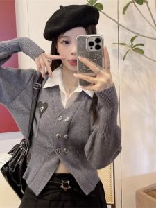 Polo Collar Knitted Sweater Coat Womens Slim Fit Short Waist Cinched Fake Two-Piece Knit Open Cardigan Top College Style