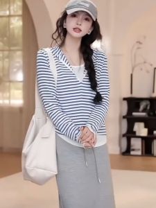 Color Block Striped Hoodie T-Shirt Womens Base Layer Top Youthful Korean Style Slim Fit Long Sleeve Spring New Arrival