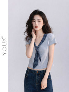 YOUXIANG | Áo Thun Hè Cổ V Ô Vuông Kiểm Duyệt Tay Ngắn