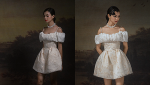 Đầm hoa kiểu nữ trễ vai dáng xoè THE COUNTRY Tove a Line vải hoa cam