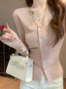 YUEZHONGWEI | French V-neck Lace Spliced Pink Sweater