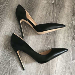 Matte Black Leather Pointed Toe Slip-On Office Commute High Heels Iron Heel Side Air Womens Fashion Single Shoes