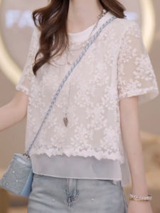 Shalldoer | Áo thun nữ tay ngắn thêu ren cổ tròn thời trang mùa hè đa năng Áo thun thường ngày bằng vải cotton pha trộn