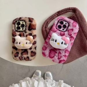 Sanrio | Kawaii Hello Kitty Leopard Print Phone Case For iPhone 17 16 15 14 13 12 11 Pro Max Plus 17 Pro Plush Winter Warm Phone Cover
