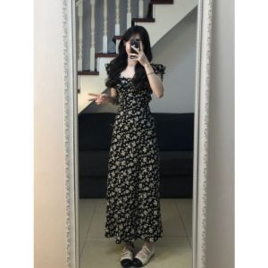 French Tea Break Black Floral Print Strapless Mini Dress Women Summer Hepburn Elegant Long Skirt Street Style Knitted Shirts