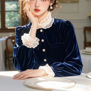 Áo Sơ Mi Lụa Nhung Xẻ Ren Màu Xanh Pháp Sang Trọng Mùa Đông 2024 Tay Dài Cổ Bồng Thường Ngày Chất Liệu Polyester