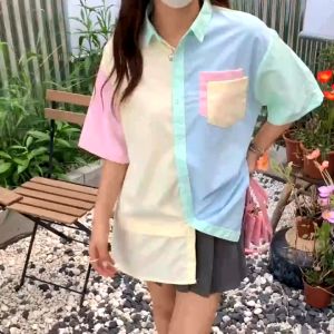 Contrasting Color Short-sleeved Shirt Womens Loose Korean Style Casual Half-sleeved Top