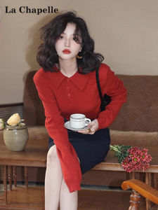 Lachapelle Port Style Vintage Polo Long Sleeve Slim Knitted Sweater Women Autumn Winter Red Soft Cozy Base Layer Sweater Top