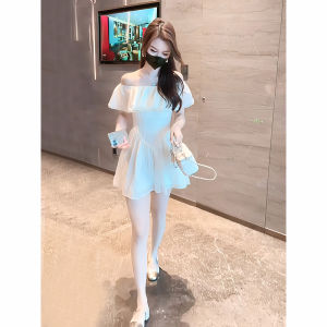 French Style A-Line Mini Dress Womens Summer 2026 Waist-Cinching Elegant Short Skirt Trendy One-Shoulder Solid Color