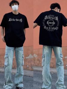 เสื้อยืดคู่รักแขนสั้นพิมพ์ลายตัวอักษรสไตล์อเมริกัน ผ้าฝ้ายแท้ 240 กรัม ทรงหลวม ลำลอง สำหรับฤดูร้อน