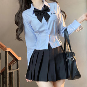 JK Shirt Waist-Tight Embroider Autumn Short Sleeve Shirt Womens Top Casual Slim Looking Student Long Sleeve Silm White Suit