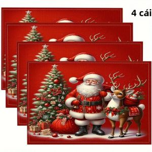 Bộ 4 Tấm Lót Bàn Hình Tuần Lộc Của Ông Già Noel VIKAMA Bộ Đồ Trang Trí Bàn Bằng Vải Polyester Dễ Lau Chùi Theo Chủ Đề Giáng Sinh Dành Cho Bữa Tối Ngày Lễ Và Các Buổi Họp Mặt Gia Đình