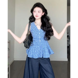 YUEZHONGWEI | Áo vest không tay cổ chữ V màu xanh lam cho nữ mùa hè ngoài trời Thiết kế cao cấp eo nhỏ Áo sơ mi không tay thời trang