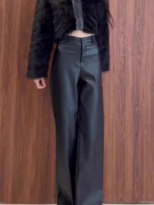 Fashionable High Waist Wide Leg Pants PU Leather Loose Womens Long Straight Cut Trousers Autumn 2025 Korean Style Commute