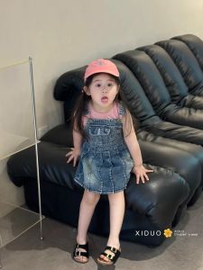 Korean Style Summer Denim Skater Skirt for Girls Baby Vintage Design Sweet Pleated Strap Dress Childrens Clothing Kids Dresses