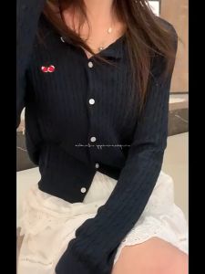 ⚡Port⚡ 2025 NEW Cherry Embroidery Knitted Cardigan Round Neck Thin Knitted Cardigan Women Twisted Pattern Coat 2️⃣0️⃣2️⃣5️⃣