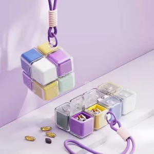Magnetic Pill Box Organizer Cube with Lanyard Color-Coded Compartments & Lids Pill Dispenser