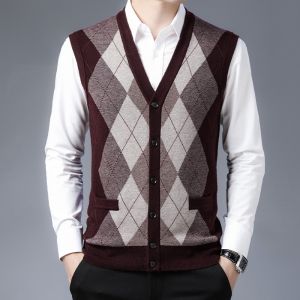 ROMON | Romon Mens Knitted Wool Sweater Vest Autumn Winter New Style Dad Clothes Open Cardigan Sleeveless Shoulder Wool Knitwear