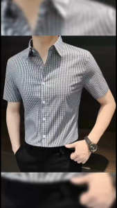 Formal Short sleeves Shirts Polyester cotton Fashion Business Plaid Slim fit Lapel Top M-3XL